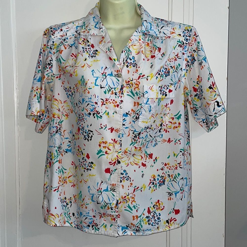 Vtg 70s/80s Steven Barry white‎ multi colored floral shirt